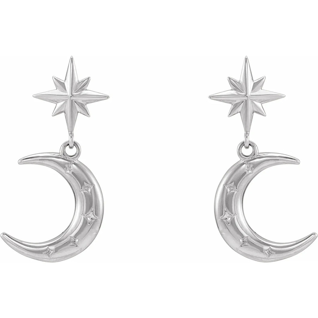 14K Gold Crescent Moon and Star Earrings In Multiple Colors