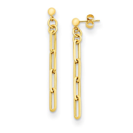 14K Yellow Gold Paperclip Link Dangle Post Earrings