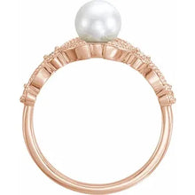 Load image into Gallery viewer, 14K Gold Cultured White Freshwater Pearl &amp; 1/10cttw Natural Diamond Leaf Ring In Multiple Colors - Sizes 6-8
