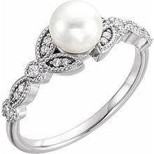 Load image into Gallery viewer, 14K Gold Cultured White Freshwater Pearl &amp; 1/10cttw Natural Diamond Leaf Ring In Multiple Colors - Sizes 6-8
