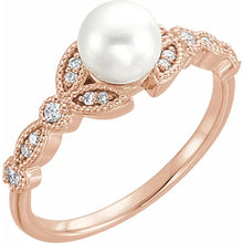 Load image into Gallery viewer, 14K Gold Cultured White Freshwater Pearl &amp; 1/10cttw Natural Diamond Leaf Ring In Multiple Colors - Sizes 6-8
