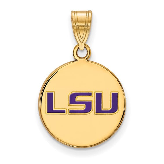 Sterling Silver Gold-plated LogoArt Louisiana State University L-S-U Medium Enameled Disc Pendant