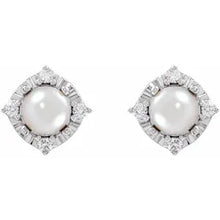 Load image into Gallery viewer, Sterling Silver Cultured Freshwater Pearl &amp; .08cttw Natural Diamond Halo-Style Earrings
