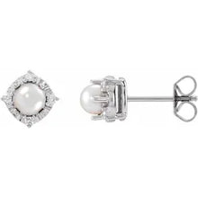 Load image into Gallery viewer, Sterling Silver Cultured Freshwater Pearl &amp; .08cttw Natural Diamond Halo-Style Earrings
