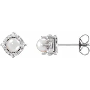 Sterling Silver Cultured Freshwater Pearl & .08cttw Natural Diamond Halo-Style Earrings