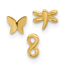 Load image into Gallery viewer, 14K Yellow Gold 22 Gauge Polished Infinity Symbol, Dragonfly and Butterfly Nose Stud Set
