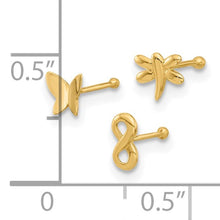 Load image into Gallery viewer, 14K Yellow Gold 22 Gauge Polished Infinity Symbol, Dragonfly and Butterfly Nose Stud Set
