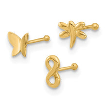 Load image into Gallery viewer, 14K Yellow Gold 22 Gauge Polished Infinity Symbol, Dragonfly and Butterfly Nose Stud Set
