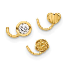 Load image into Gallery viewer, 14K Yellow Gold 22 Gauge Polished CZ, Flower and Heart Nose Ring Set
