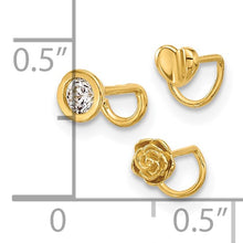 Load image into Gallery viewer, 14K Yellow Gold 22 Gauge Polished CZ, Flower and Heart Nose Ring Set
