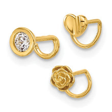 Load image into Gallery viewer, 14K Yellow Gold 22 Gauge Polished CZ, Flower and Heart Nose Ring Set
