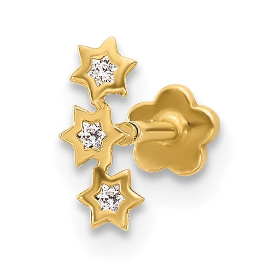 14K Yellow Gold 18 Gauge CZ Stars Screw Back Cartilage Body Jewelry