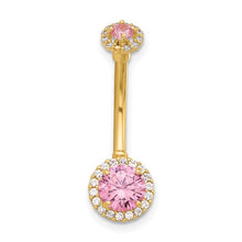 Load image into Gallery viewer, 14K Yellow Gold 14 Gauge Polished Pink and White CZ Navel/Belly Ring
