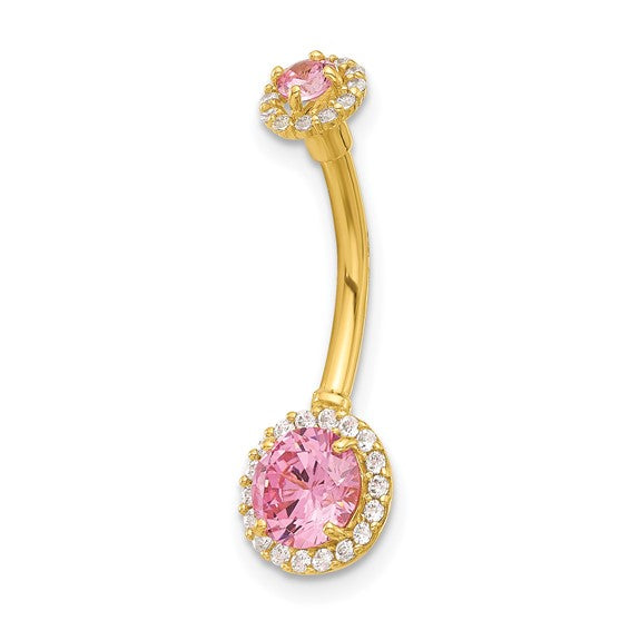 14K Yellow Gold 14 Gauge Polished Pink and White CZ Navel/Belly Ring