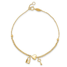 Load image into Gallery viewer, 14K Yellow Gold Polished and Diamond-cut Heart Lock and Key with .5in ext. Bracelet
