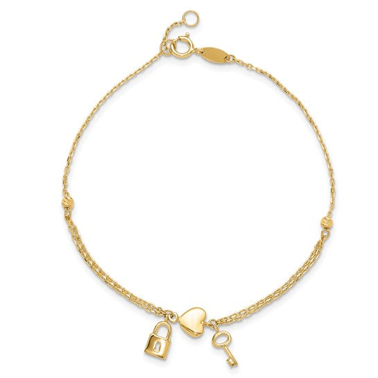 14K Yellow Gold Polished and Diamond-cut Heart Lock and Key with .5in ext. Bracelet