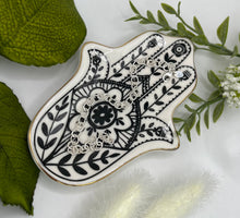 Load image into Gallery viewer, Black and White Hamsa Ceramic Trinket Dish
