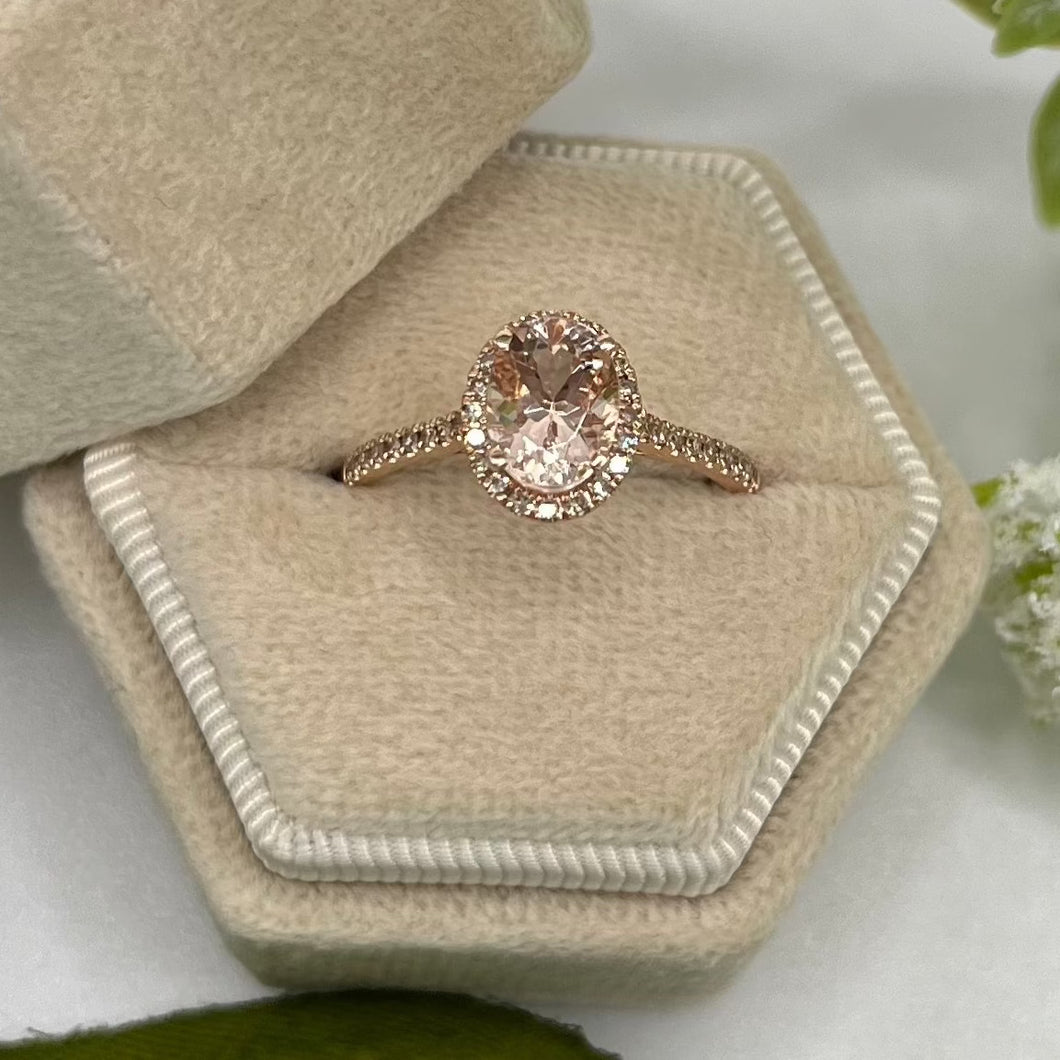 14k Rose Gold 1ct Oval Morganite & 0.20cttw Natural Diamond Halo Engagement Ring, Size 7