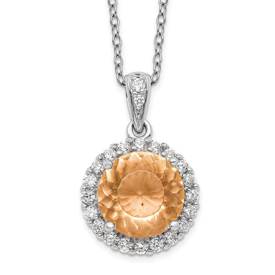 Sterling Silver Rhodium-plated Peach and Clear CZ with 2