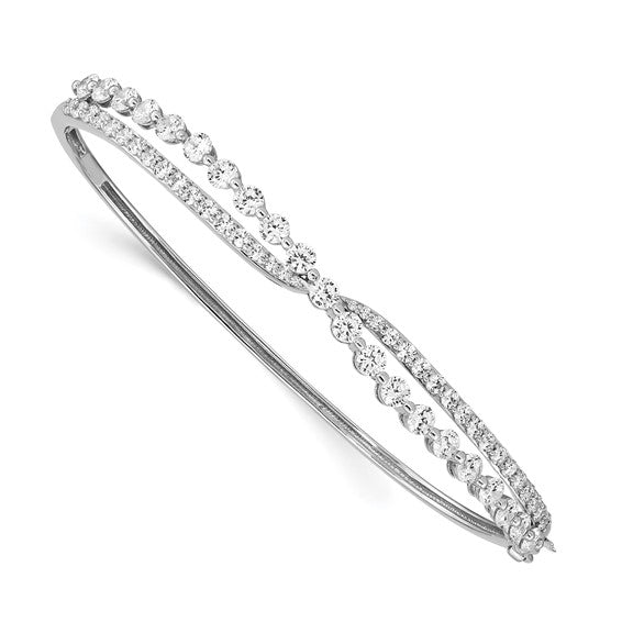 Sterling Silver Rhodium-plated Criss Cross CZ Hinged Bangle