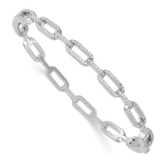 Sterling Silver Rhodium-plated CZ Hinged Paperclip Link Bangle