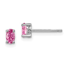 Load image into Gallery viewer, Sterling Silver Rhodium-plated Oval Created Pink Sapphire Post Earrings
