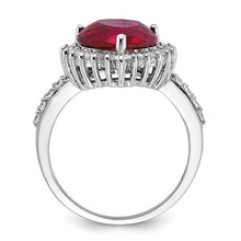 Load image into Gallery viewer, Sterling Silver Rhodium-plated 100 Facet Lab Created Ruby and Brilliant-cut White CZ Heart Halo Ring, Size 6-8
