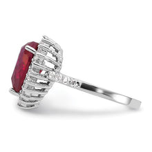 Load image into Gallery viewer, Sterling Silver Rhodium-plated 100 Facet Lab Created Ruby and Brilliant-cut White CZ Heart Halo Ring, Size 6-8
