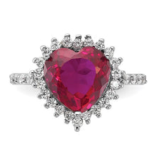 Load image into Gallery viewer, Sterling Silver Rhodium-plated 100 Facet Lab Created Ruby and Brilliant-cut White CZ Heart Halo Ring, Size 6-8
