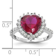 Load image into Gallery viewer, Sterling Silver Rhodium-plated 100 Facet Lab Created Ruby and Brilliant-cut White CZ Heart Halo Ring, Size 6-8
