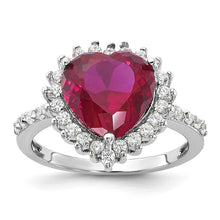 Load image into Gallery viewer, Sterling Silver Rhodium-plated 100 Facet Lab Created Ruby and Brilliant-cut White CZ Heart Halo Ring, Size 6-8
