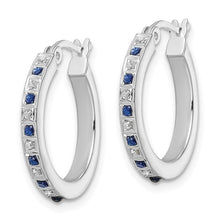 Load image into Gallery viewer, Sterling Silver Platinum-plated Diamond &amp; Sapphire Hoop Earrings
