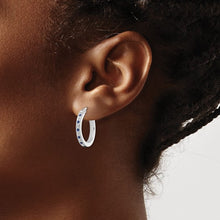 Load image into Gallery viewer, Sterling Silver Platinum-plated Diamond &amp; Sapphire Hoop Earrings
