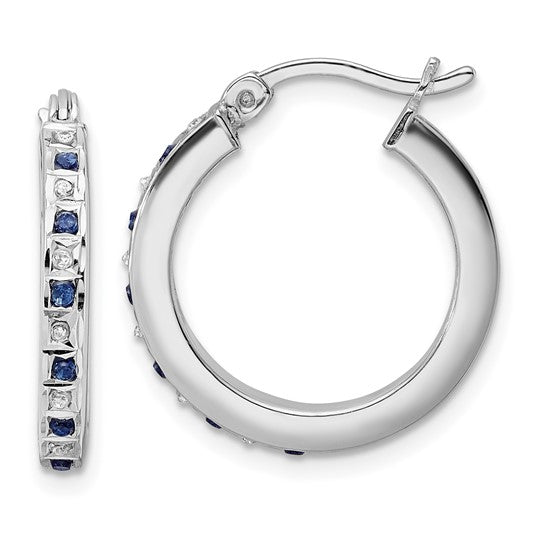 Sterling Silver Platinum-plated Diamond & Sapphire Hoop Earrings