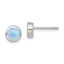 Load image into Gallery viewer, Sterling Silver Rhodium-plated Polished Blue Created Opal Round Stud Earrings
