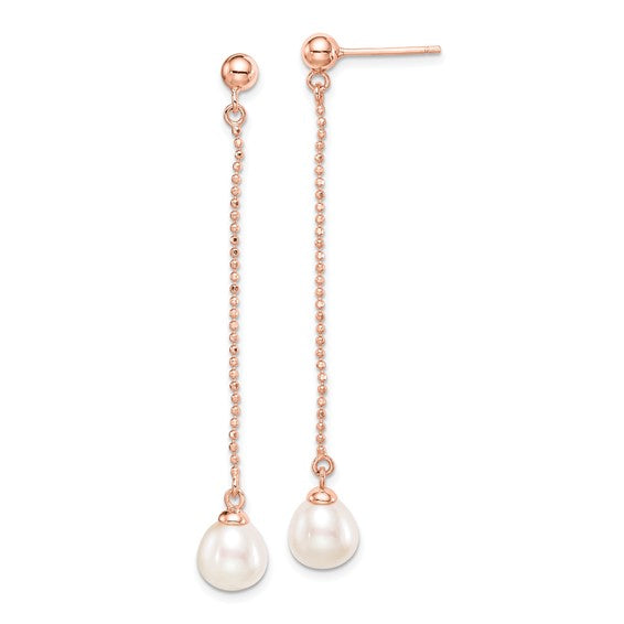 Sterling Silver Rose-tone 18k Flash-plated 7-8mm Drop FWC Pearl Earrings