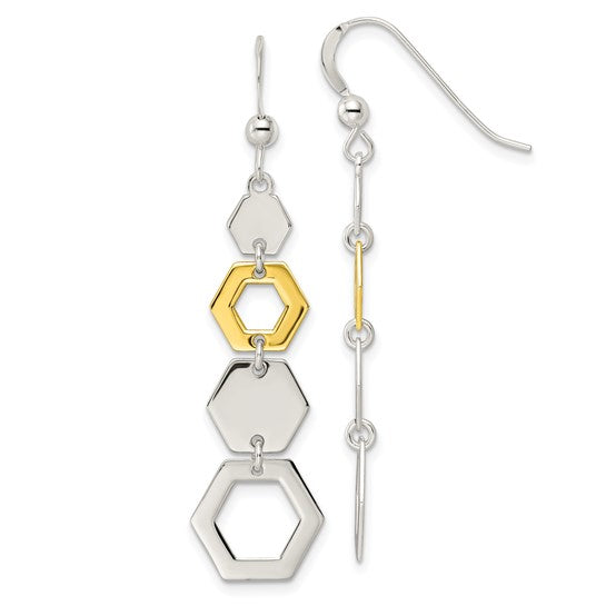 Sterling Silver and Gold-tone Polished Hexagon Dangle Earrings