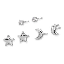 Load image into Gallery viewer, Sterling Silver Rhodium-plated CZ Moon/Star and Round Set of 3 Post Earring Set
