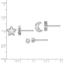 Load image into Gallery viewer, Sterling Silver Rhodium-plated CZ Moon/Star and Round Set of 3 Post Earring Set
