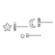 Load image into Gallery viewer, Sterling Silver Rhodium-plated CZ Moon/Star and Round Set of 3 Post Earring Set
