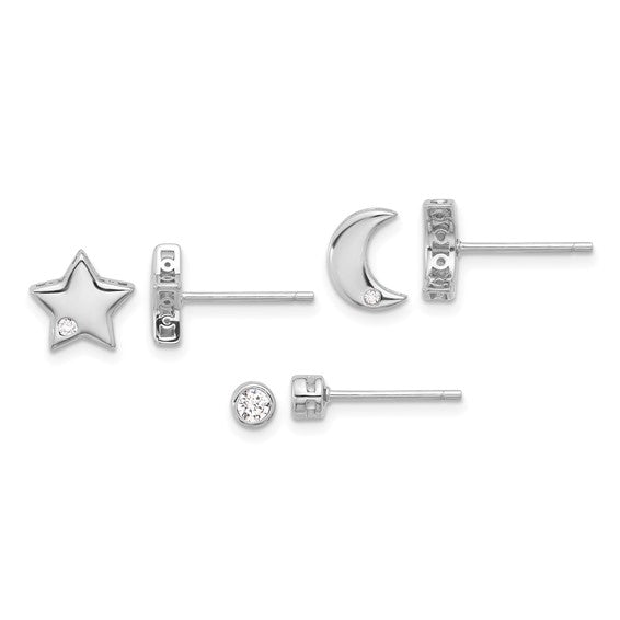 Sterling Silver Rhodium-plated CZ Moon/Star and Round Set of 3 Post Earring Set
