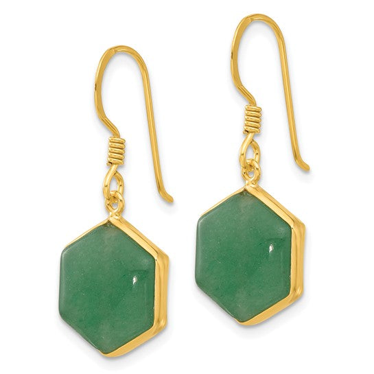 Sterling Silver Gold-plated Polished Hexagon Aventurine OR Rose Quartz Dangle Earrings