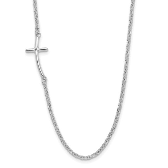 Sterling Silver Rhodium-plated Small Off-Set Sideways Curved Cross 17' Necklace