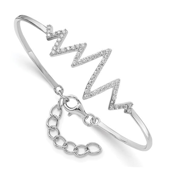 Sterling Silver Rhodium-plated CZ Heartbeat Bangle