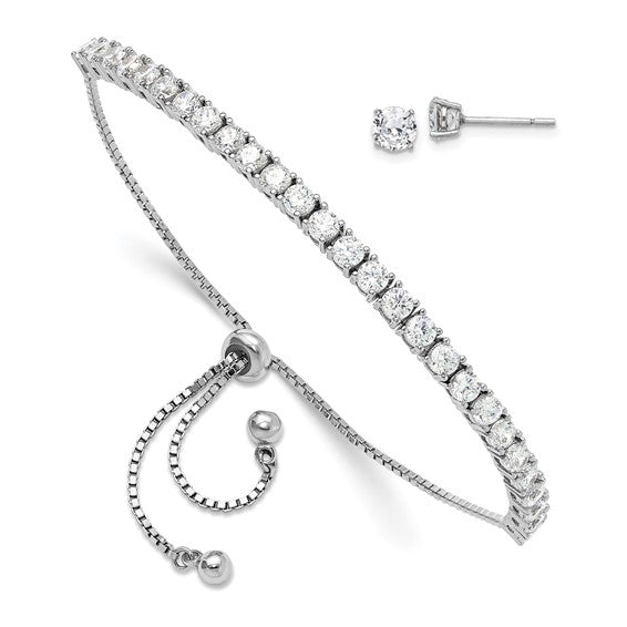 Sterling Silver Rhodium-plated CZ Adjustable Bracelet and Post Earring Set