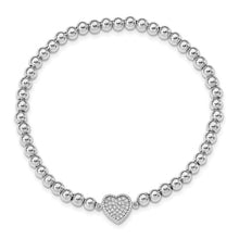 Load image into Gallery viewer, Sterling Silver Rhodium-plated Polished Beaded CZ Heart Stretch Bracelet
