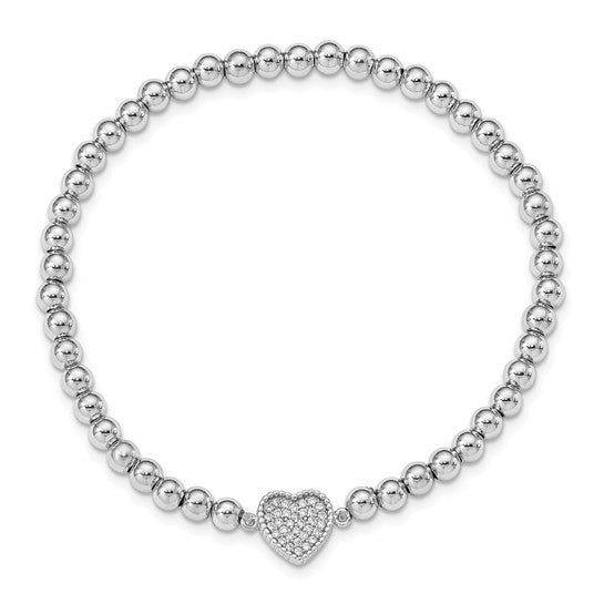 Sterling Silver Rhodium-plated Polished Beaded CZ Heart Stretch Bracelet