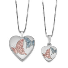 Load image into Gallery viewer, Sterling Silver Rhodium-plated Satin Enameled Butterflies Heart 18in Locket Necklace and 14in Pendant Necklace SET
