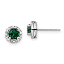 Load image into Gallery viewer, Sterling Silver Rhodium-plated 34 Stone White and Green Micro Pavé Halo CZ Post Earrings
