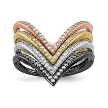 Load image into Gallery viewer, Sterling Silver Rhodium and Black-plate, Gold and Rose-tone CZ 4 Ring Set, Sizes 6-8
